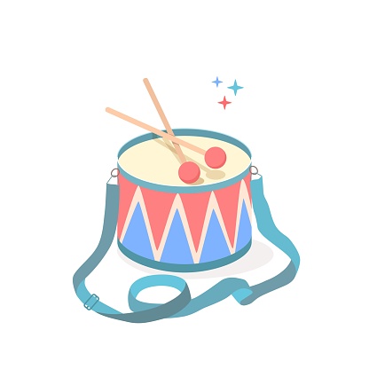 Cute drum with belt and drumsticks in vintage retro style in blue and red pastel colors. Vector illustration in cartoon style on white isolated background.