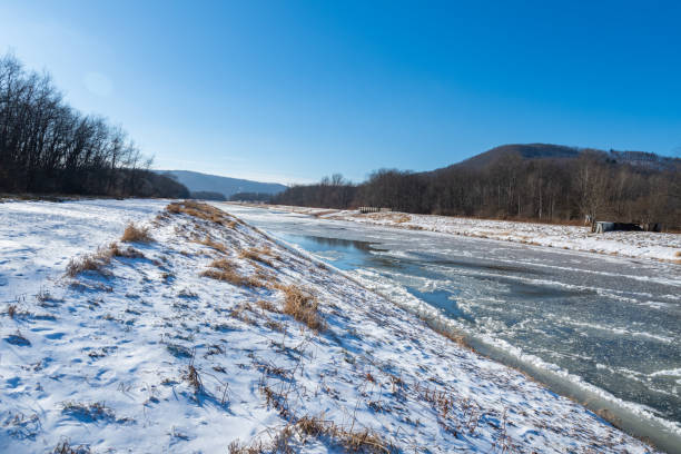 istock Frozen over river park, cold weather copy space winter landscape background 1939695059