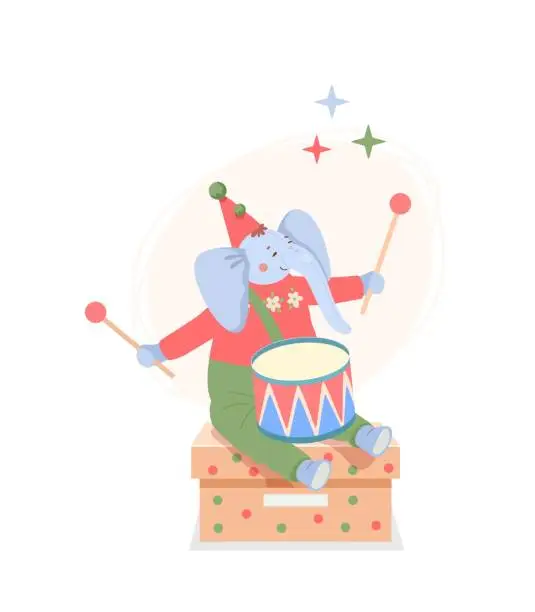 Vector illustration of Funny plush blue baby elephant in party hat with pom-poms sits on gift box with polka dots and drums on drum with drumsticks.