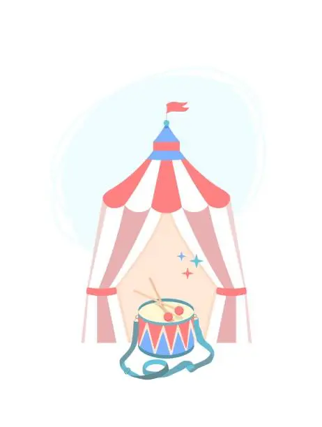 Vector illustration of Concept of touring circus Chapiteau. Symbol of circus striped red-white-blue tent with flag on roof and drum with drumsticks in foreground.