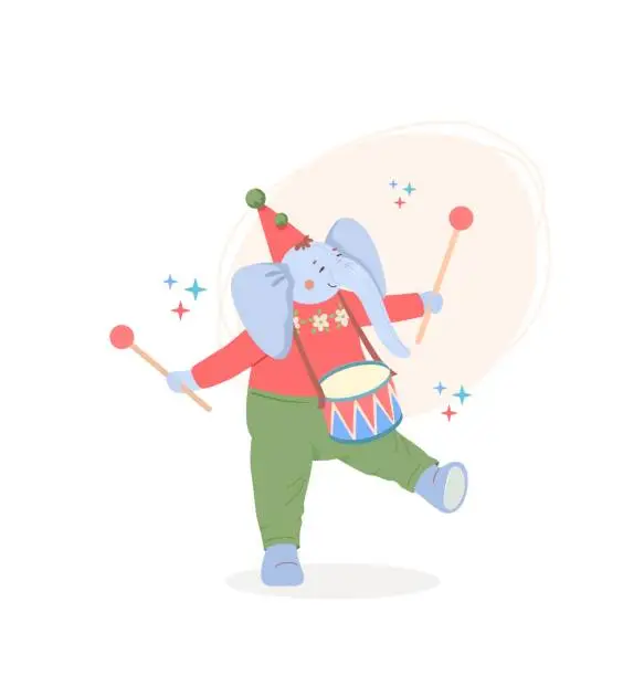 Vector illustration of Blue toy plush elephant in festive hat with pom-poms, pants and knitted sweater walks merrily and beats drum with drumsticks.