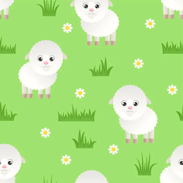 Vector illustration of Funny cute sheep on green meadow seamless pattern. Cartoon white lamb, grass and flowers. Vector simple children's illustration.