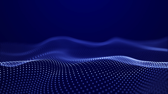 Abstract blue background of points. Falling cyber particles. Big data stream. 3d rendering