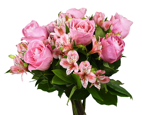 Bouquet of pink roses and alstroemeria flowers isolated on white. Profile view. Holiday present.