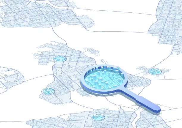 Vector illustration of Concept of analysis, assessment of the state of city. Evaluation of various factors contribute to its overall well-being, functionality. Abstract vector map, magnifying glass. Isometric illustration