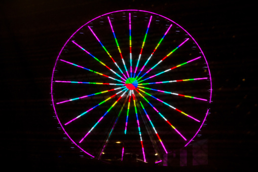 Vibrant night scene of a Ferris wheel in motion, adorned with colorful neon lights, creating a captivating spectacle of joy and excitement in Gatlinburg, Tennessee.