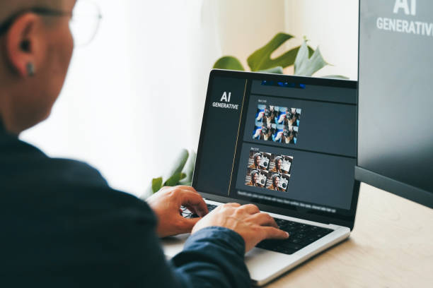 istock AI image generator app. Person creating photo art with Artificial Intelligence software in computer laptop. Technology trends 1939722841