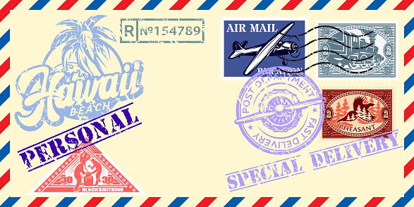 Vintage envelope with air mail letter and stamp set against yellow background. Decoration in retro style. Elements for design.