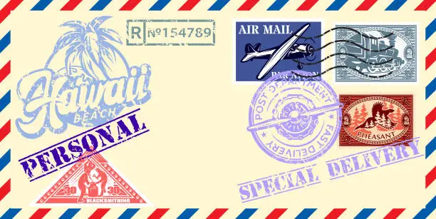 Vector illustration of Vintage envelope with air mail letter and stamp set against yellow background. Decoration in retro style. Elements for design