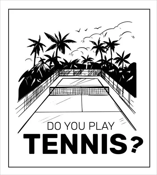 Vector illustration of Tennis vector monochrome illustration, game court, hand drawn sketch, good for print for t-shirt, poster, background for design