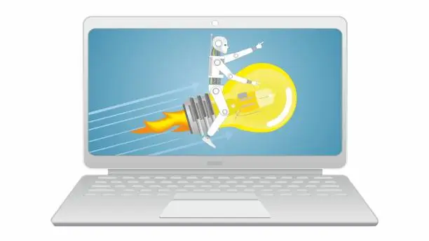 Vector illustration of Robot flying on light bulb on laptop screen. Dimension 16:9. Vector illustration.