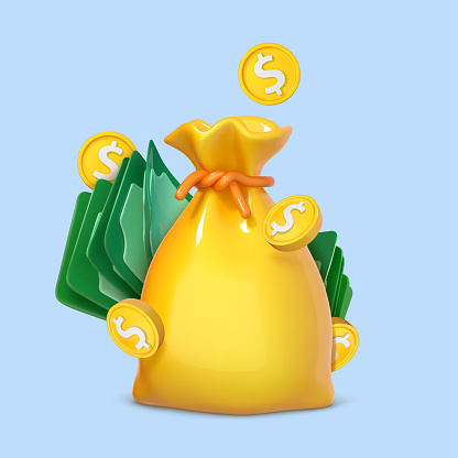 Money bag with dollar bills and coins isolated on blue background. Online payment. Business and finance concept. Vector 3d illustration