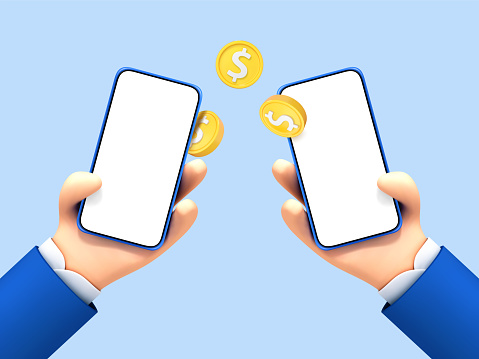 3D cartoon hands holding mobile phones with coins. Money transfer on smartphones. Online payment concept. Mobile wallet. Cashback and banking. Vector 3d illustration.