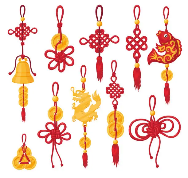 Vector illustration of Traditional Asian knot tassel hanging fortune golden decorative red rope set vector flat