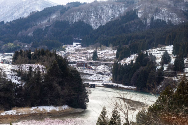 Snow-covered river scenery in Japan