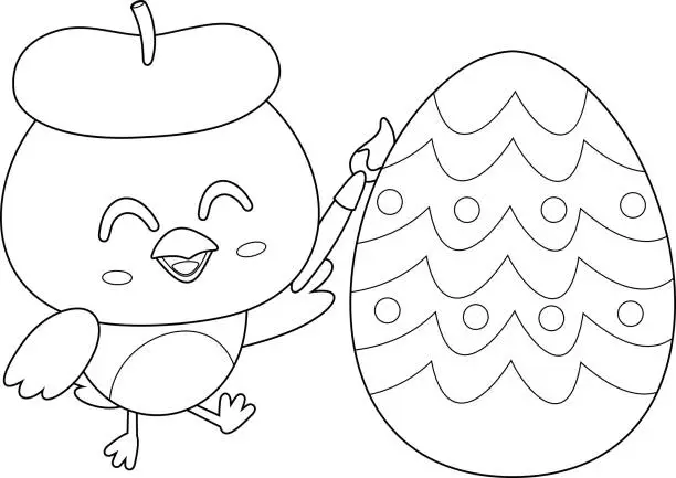 Vector illustration of Outlined Cute Chick Cartoon Character Painting Colorful Easter Egg