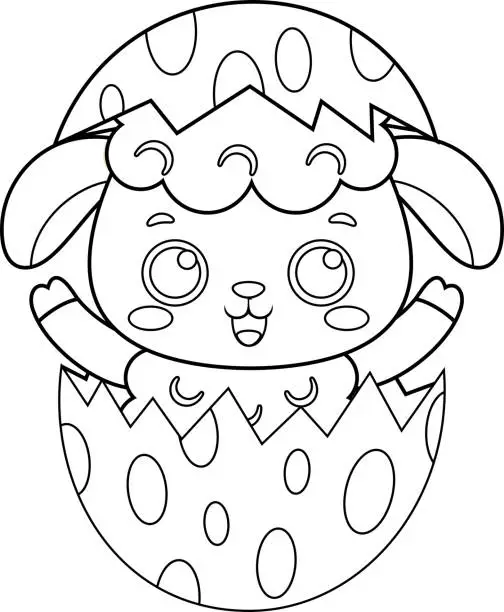 Vector illustration of Outlined Surprise Cute Little Sheep Cartoon Character Out Of An Egg Shell