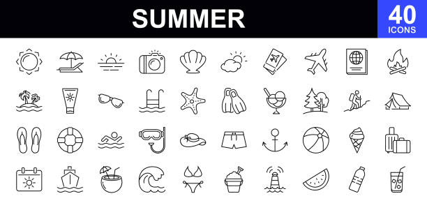 illustrazioni stock, clip art, cartoni animati e icone di tendenza di summer web icons set. summer season - simple thin line icons collection. containing sun, travel, vacation, beach, tourism and more. simple web icons set - suntan lotion symbol ice umbrella