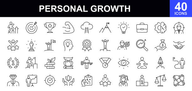 sada webových ikon pro osobní růst. růst a úspěch - jednoduchá kolekce ikon tenkých čar. obsahuje kariérní postup, koučování růstového zisku, obchodníky, doučování a další. jednoduchá sada webových ikon - profesionál stock ilustrace