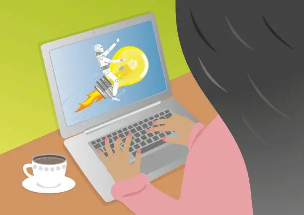 Vector illustration of Girl working on computer with AI-robot to her help with ideas. Robot flying on light bulb rocket. Vector illustration.