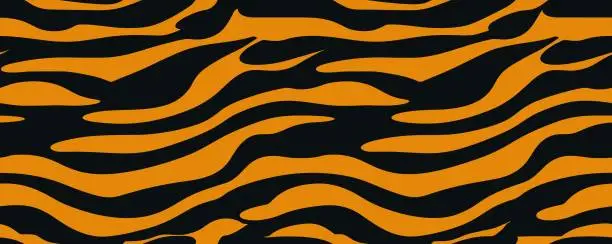 Vector illustration of Animal abstract skin seamless pattern. Striped skin wild animal tiger seamless pattern. Must have, trend season. Tiger skin - seamless pattern. Colourful Tiger Animal Skin Print.