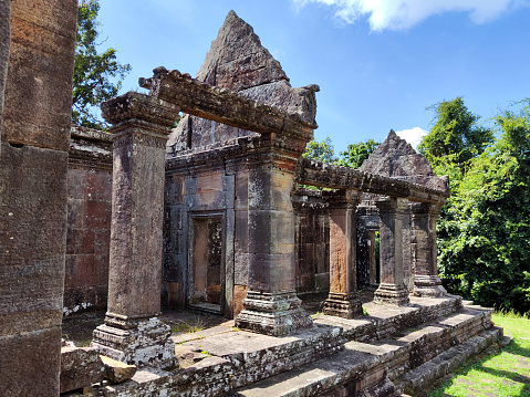 Ruins of Preah Vihear Temple, an ancient Khmer Hindu temple on the top of a 525-metre cliff in the Dângrêk Mountains, in the Preah Vihear province, Cambodia.\nOn 7 July, 2008, Preah Vihear was listed as a UNESCO World Heritage Site.