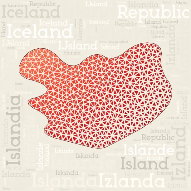 Vector illustration of ICELAND map design. Country names in different languages and map shape with geometric low poly triangles. Cool vector illustration of Iceland.