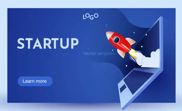 Vector illustration of Laptop with rocket. Start up concept.