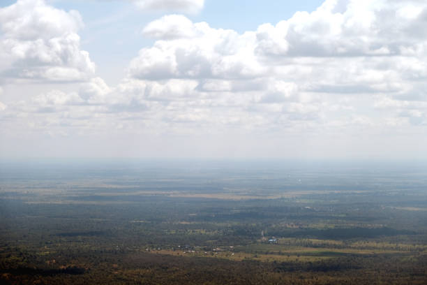 Spectacular view across the Cambodian plain at Prasat Preah Vihear Temple, an ancient Khmer Hindu temple on the top of a 525-metre cliff in the Dângrêk Mountains, in the Preah Vihear province, Cambodia.