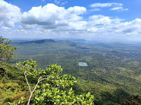 Spectacular view across the Cambodian plain at Prasat Preah Vihear Temple, an ancient Khmer Hindu temple on the top of a 525-metre cliff in the Dângrêk Mountains, in the Preah Vihear province, Cambodia.