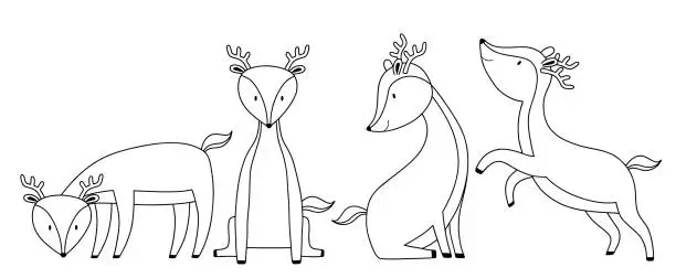 Vector illustration of Cute deer line sketch set. Outline vector illustration.