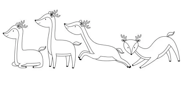 Vector illustration of Cute deer line sketch set. Outline vector illustration.