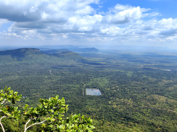 Spectacular view across the Cambodian plain at Prasat Preah Vihear Temple, an ancient Khmer Hindu temple on the top of a 525-metre cliff in the Dângrêk Mountains, in the Preah Vihear province, Cambodia.