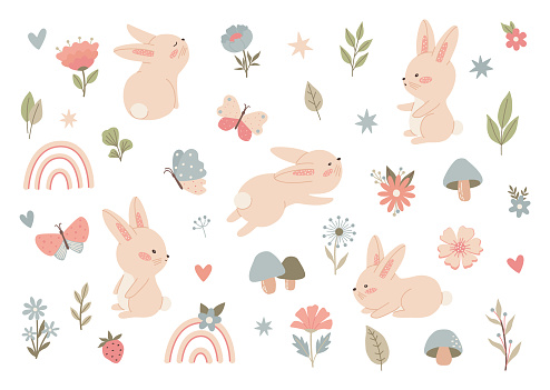 Spring collection of cute bunny, flowers, floral decoration elements. Set with animals and plants for poster, card, scrapbooking, tag, invitation, sticker kit. Simple hand drawn vector illustration.