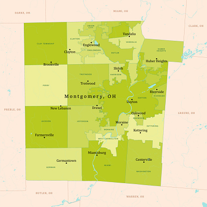 OH Montgomery County Vector Map Green. All source data is in the public domain. U.S. Census Bureau Census Tiger. Used Layers: areawater, linearwater, cousub, pointlm.