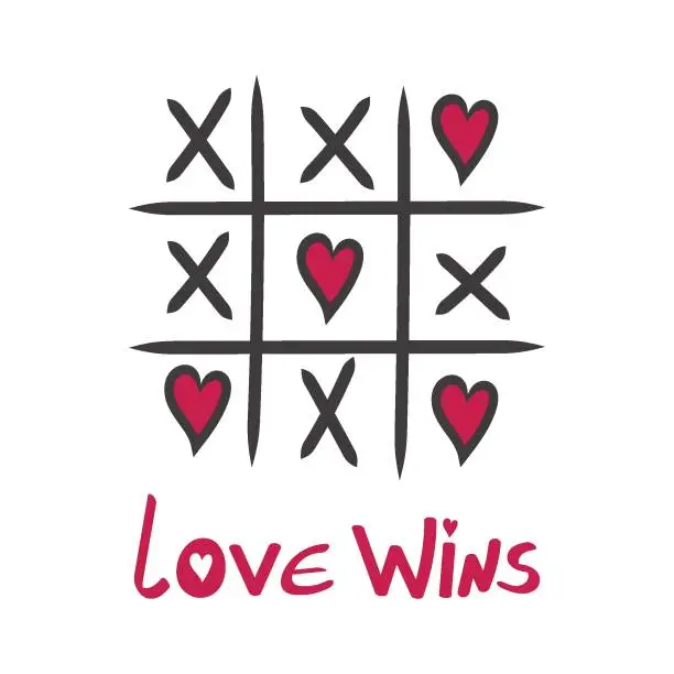 Vector illustration of love wins. Hand Written Lettering with Tic Tac Toe X heart Game  for Valentines Day Greeting Card, Wedding Invitation. Typography romantic poster, t-shirt print in Vintage Retro Style.