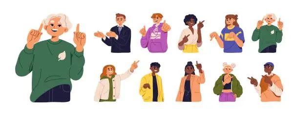 Vector illustration of People pointing with finger set. Happy teens indicate with hand. Characters looking up, showing direction, wink, gesture. Aspiration to goal concept. Flat isolated vector illustration on white