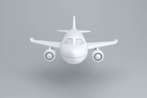 White Toy Plane on a Gray Studio Background. Front View. Minimal concept. Monochrome. 3D render.