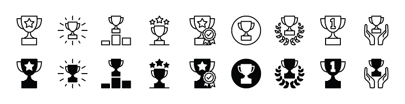 Trophy icon set. Awards line icons. Containing achievement, victory cup, winner prize, winning. Vector illustration