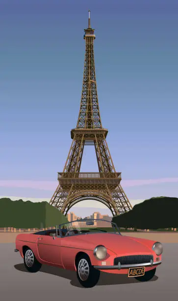 Vector illustration of Red car against the background of the Eiffel Tower. Vector.