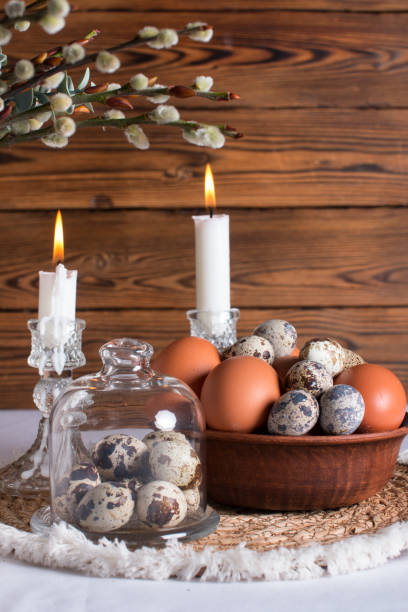istock Rustic Easter, quail eggs in a ceramic bowl on the table. The Bright Easter Holiday 1939846342