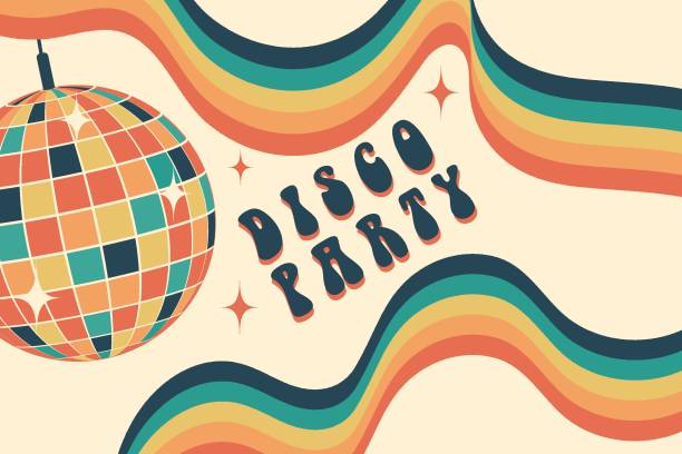 Disco ball. Disco party. Groovy. Template for postcard, poster, banner. Clockwork elements in retro hippie style of 70s. Vector illustration