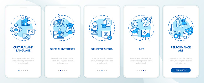 2D icons representing types of extracurricular activities mobile app screen set. Walkthrough 5 steps blue graphic instructions with thin line icons concept, UI, UX, GUI template.