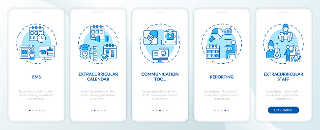 2D icons representing extracurricular management system mobile app screen set. Walkthrough 5 steps blue graphic instructions with line icons concept, UI, UX, GUI template.