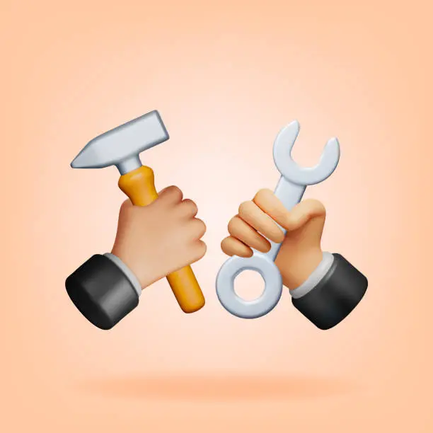 Vector illustration of 3d Hammer and Wrench Tool in Hands