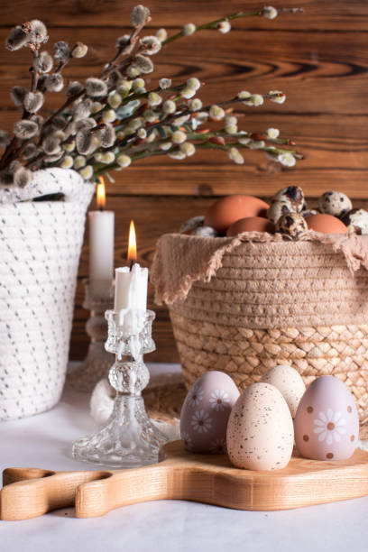 istock Rustic Easter, quail eggs in a ceramic bowl on the table. The Bright Easter Holiday 1939848618