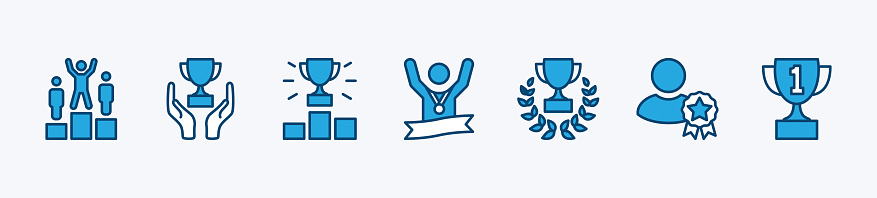 Winner or victory icon set. Achievement and success. Award or reward icons. Containing trophy, medal, podium, laurel, and badge icon symbol. Vector illustration