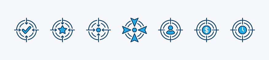 Success aiming icon set. Successful business, people, finance, time, and goal target icon symbol. Vector illustration