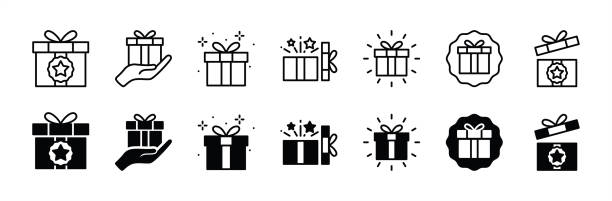Gift box icon set. Present gift box tied, open, and sparkle for christmas, birthday, valentine, wedding event, party, celebration, and achievement success. Vector illustration