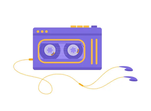 Vector illustration of Purple and yellow audio player with headphones isolated on white background. Flat vector illustration